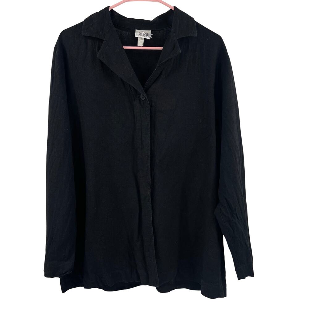 EILEEN FISHER Cardigan Size Large One Button Closure Linen Rayon Blend Black